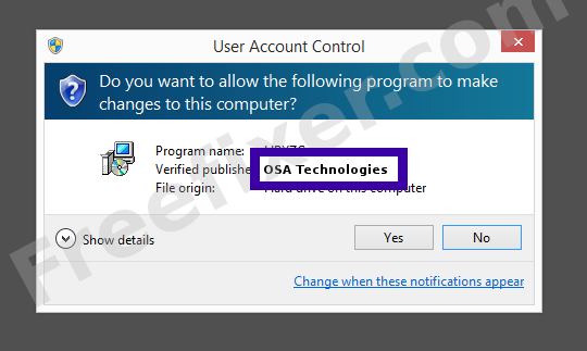 Screenshot where OSA Technologies appears as the verified publisher in the UAC dialog